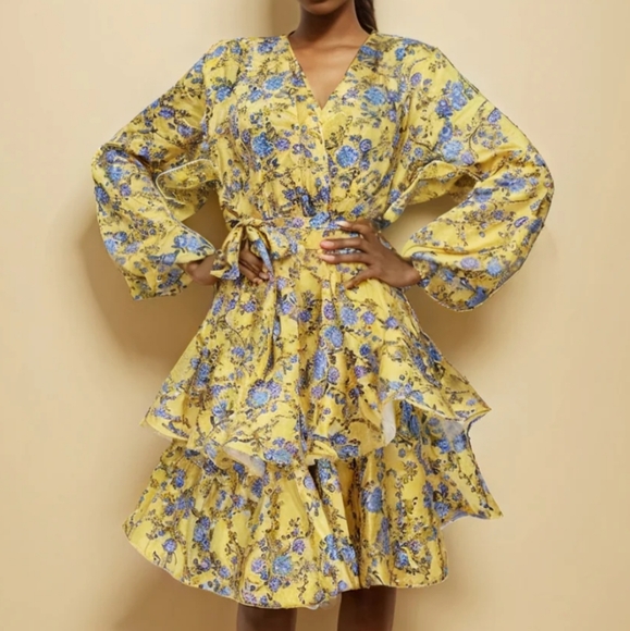 N by Nancy Dresses & Skirts - N By Nancy Yellow‎ Floral Ruffle Layed Midi Dress NWT